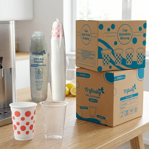 Gelas plastik sekali pakai AMDK 220ml dan 170ml Putih Polkadot Trifinity Ulir bahan PP yang ekonomis dan kokoh cocok untuk acara harga grosir langsung pabrik