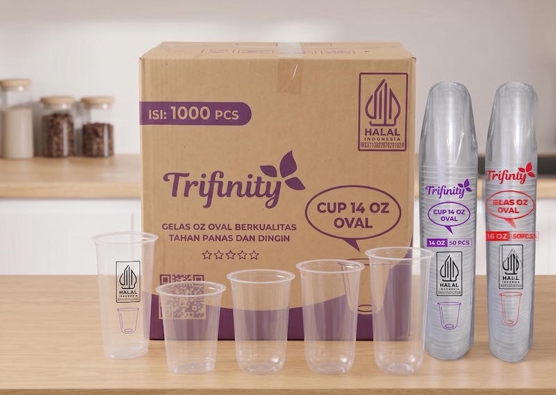 Gelas Oz Oval Trifinity 14oz 16oz 18oz 22oz 7 gram dinding merata kuat saat di-seal halal microwave safe aman freezer bibir lebar mudah seal harga pabrik langsung kirim dari Tangerang Bandung Medan Surabaya Semarang Sorong