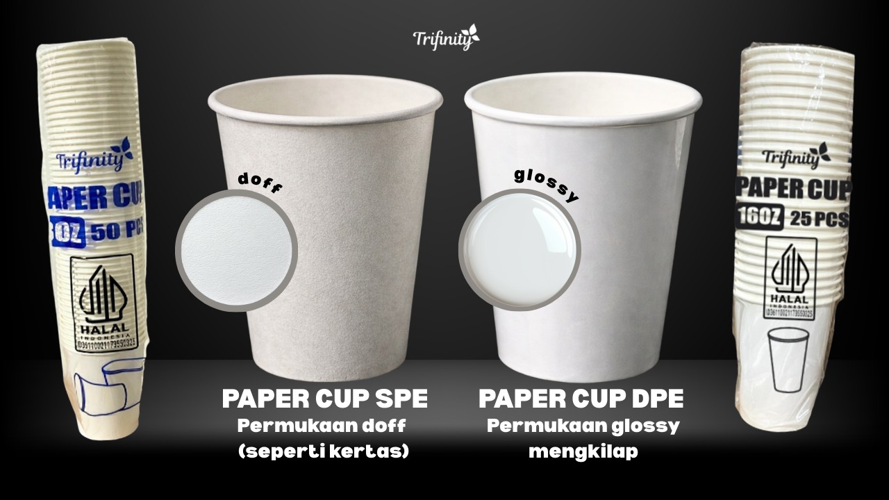 Paper Cup Gelas Kertas Trifinity 8oz perbandingan laminasi SPE (laminasi dalam) dan DPE (laminasi luar dalam) halal tebal anti bocor tahan panas dingin microwave safe aman freezer tutup body klop ukuran real harga pabrik