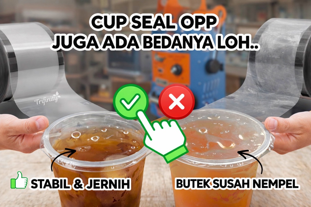 Seal cup Trifinity tebal super bening, rekat kuat, tahan panas, mudah di seal dan anti bocor. Bahan ori halal, panjang roll garansi 90 meter