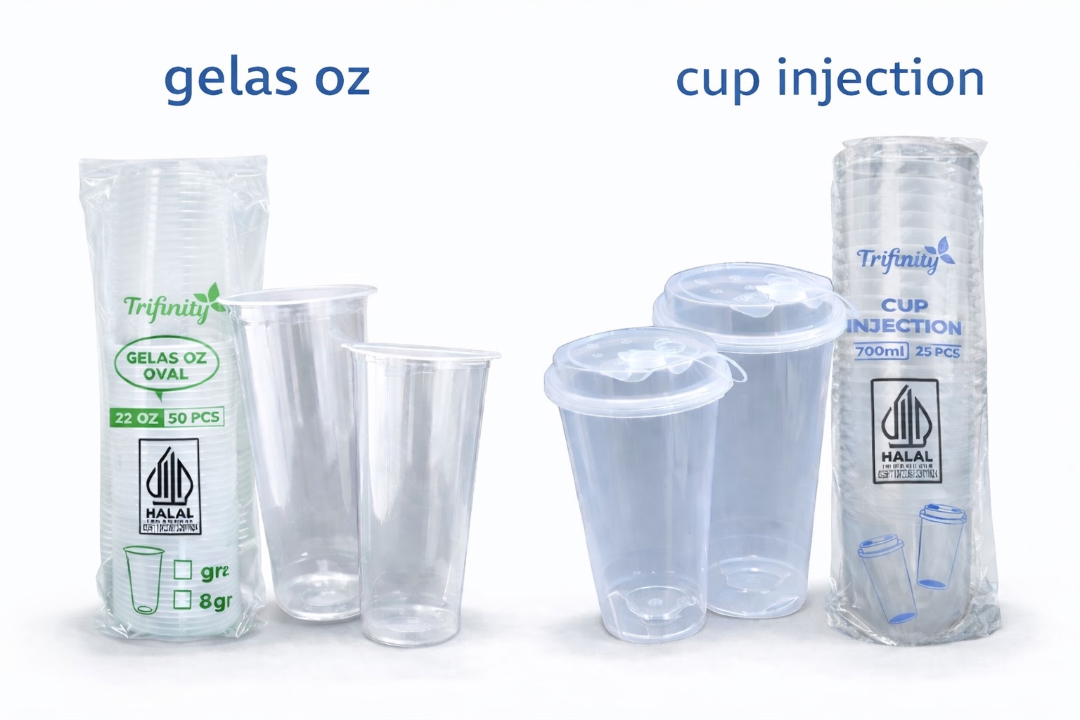 Perbandingan Gelas 22oz Trifinity vs Cup Injection Tebal 700ml Trifinity pack harga pabrik UMKM untuk minuman kopi teh boba