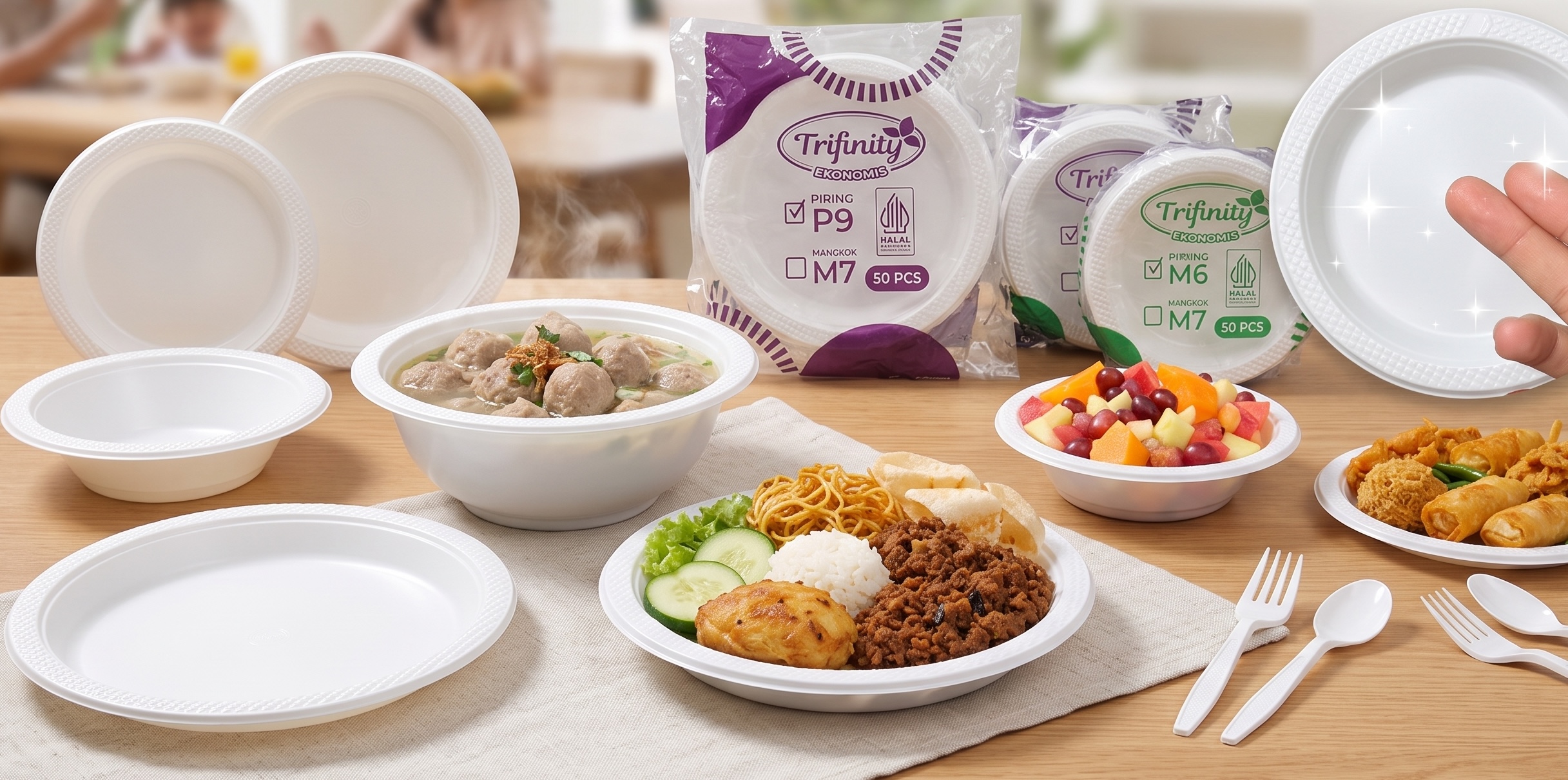 Piring Mangkok Trifinity P6 P7 P9 M6 M7 HIPS food grade tebal tahan panas bebas serbuk putih bersih cemerlang microwave safe aman freezer halal harga pabrik tersedia ukuran  P6,P7,P9,M6,M7