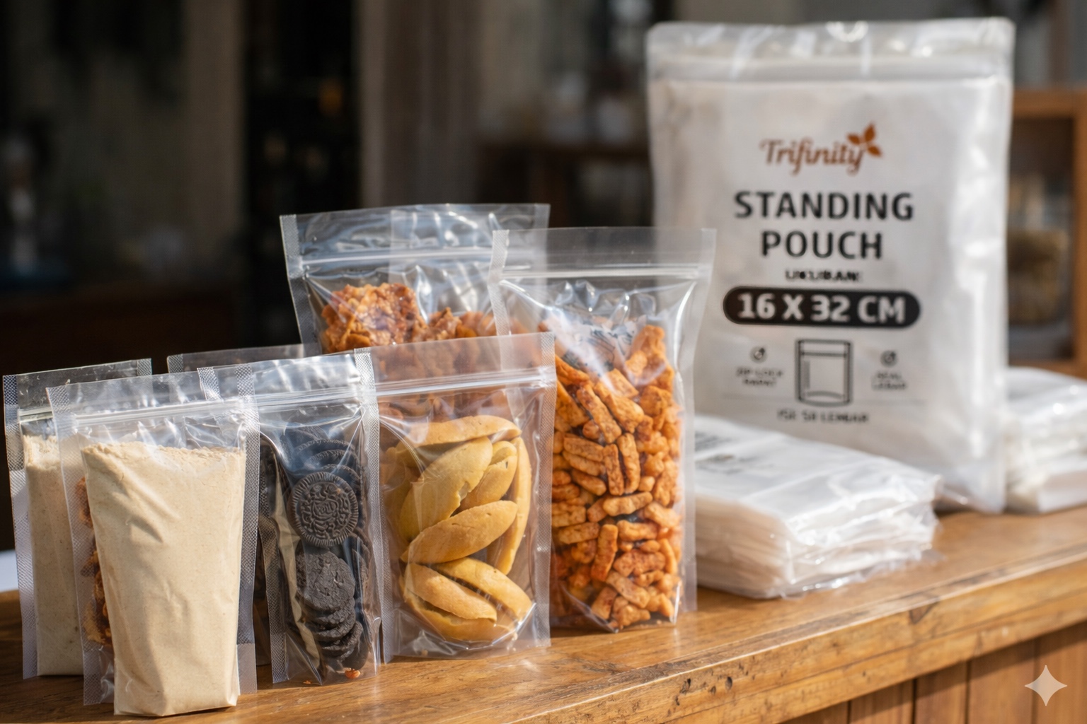 Standing pouch Trifinity dengan bawah lebar, berdiri tegak & kokoh. Display premium berdiri kokoh, seal kuat & klip rapat, makanan anti lemau & tetap renyah. Harga pabrik tangan pertama!