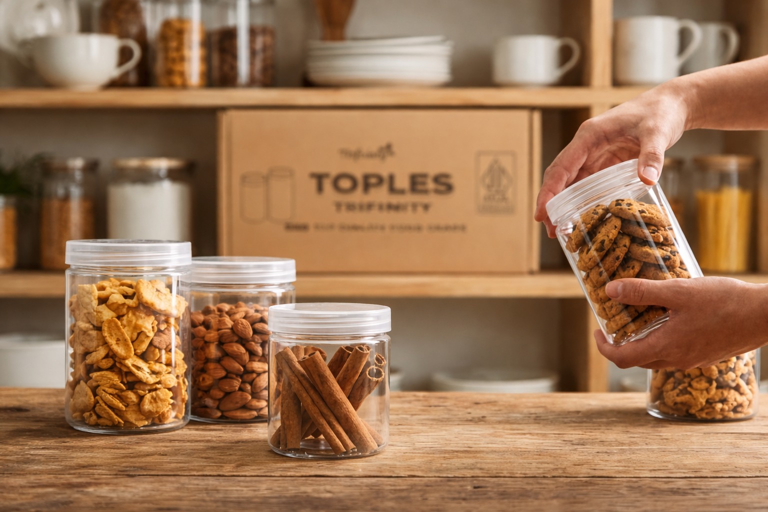 Toples Jar PET Trifinity 300ml 400ml 500ml 750ml 1000ml 1300ml super bening tutup rapat kedap udara bagian bawah round tebal anti penyok halal aman freezer harga pabrik langsung kirim dari Tangerang Bandung Medan Surabaya Semarang Sorong