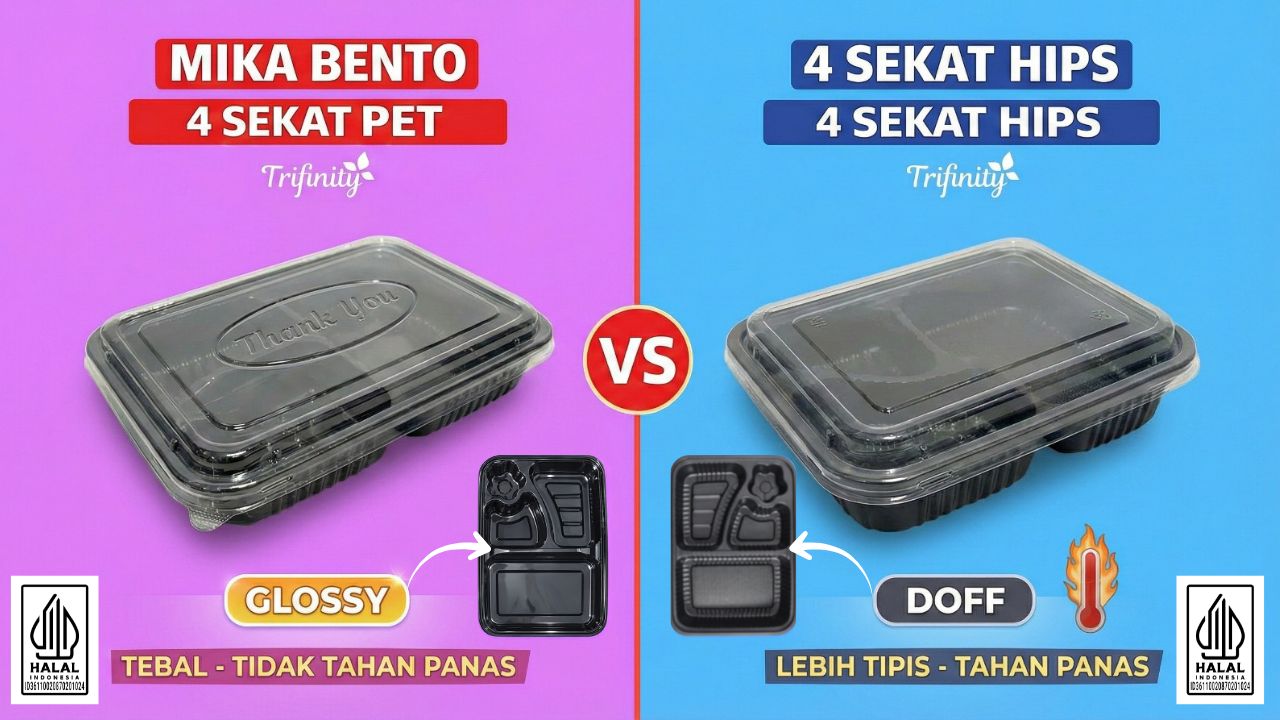 Trifinity Mika Bento 4 sekat pilihan PET tebal kilat ekonomis dan HIPS tahan panas halal tutup body klop rapat aman freezer harga pabrik langsung kirim dari Tangerang Bandung Medan Surabaya Semarang Sorong