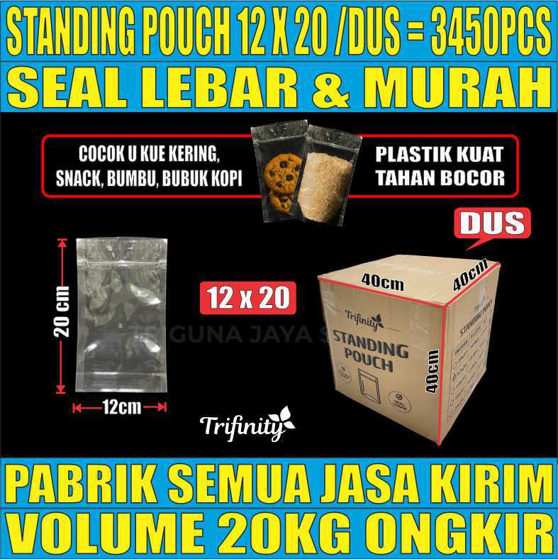 Standing Pouch uk 12x20 Plastik Kemasan Berdiri Seal Lebar Bening Dus 20kg 3450pcs