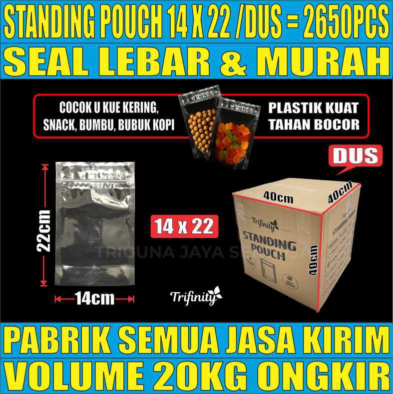Standing Pouch uk 14x22 Plastik Kemasan Berdiri Seal Lebar Bening Dus 20kg 2650pcs