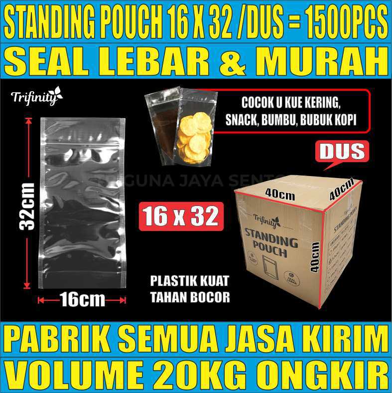 Standing Pouch uk 16x32 Plastik Kemasan Berdiri Seal Lebar Bening Dus 20kg 1500pcs