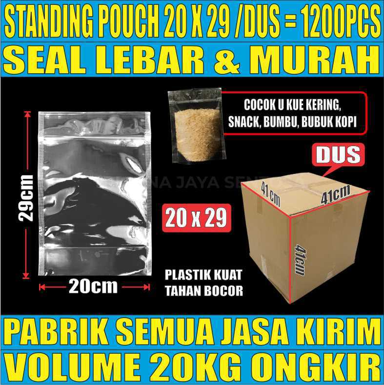 Standing Pouch uk 20x29 Plastik Kemasan Berdiri Seal Lebar Bening Dus 20kg 1200pcs